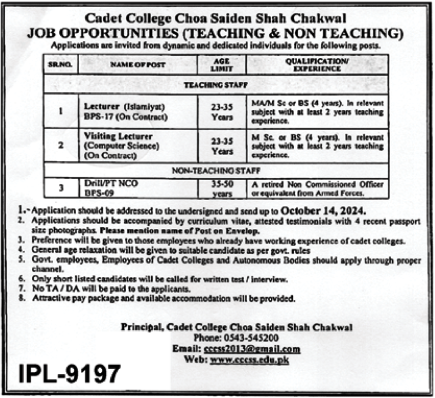 Cadet College Latest Jobs