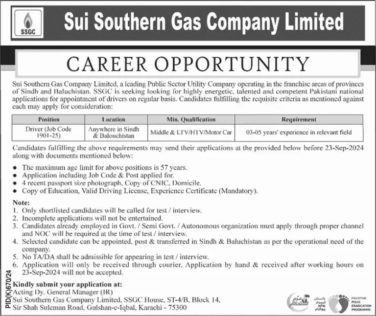 SSGC Driver Jobs 2024