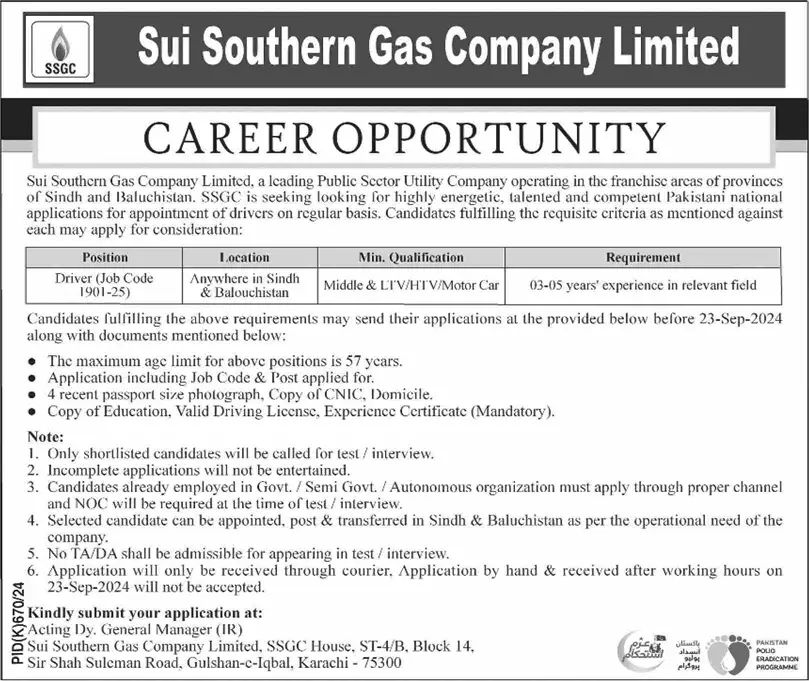 SSGC Driver Jobs 2024